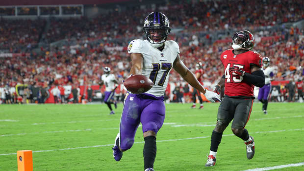 Oct 27, 2022; Tampa, Florida, USA; Baltimore Ravens running back Kenyan Drake (17) scores a touchdown against the Tampa Bay Buccaneers in the third quarter at Raymond James Stadium. Mandatory Credit: Nathan Ray Seebeck-USA TODAY Sports  